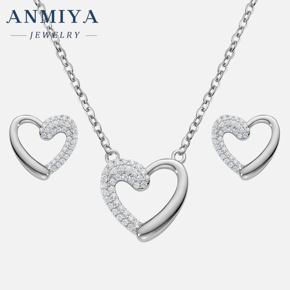 925 Silver Zircon Heart Necklace Earrings Pendant Wedding Set Dubai Bridal Jewelry Women Parties Engagements Featuring Pearls