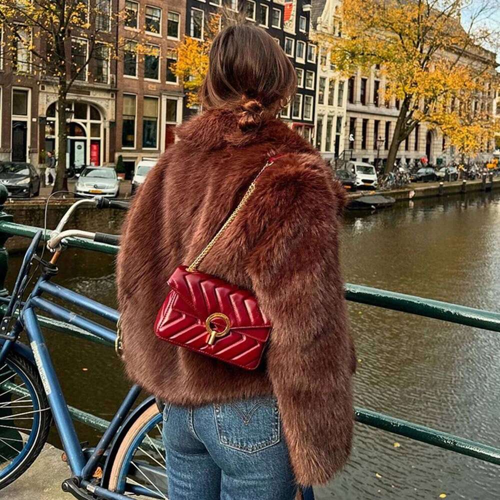 Taop&Za women's 2024 autumn and winter new coat, lapel, faux fur effect, brown Maillard style short coat