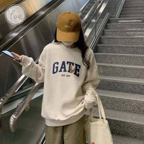 Retro American Round Neck Sweatshirt Women Spring Autumn Loose Oversize Lazy Style Hoodless Pullover Cotton Summer Thin