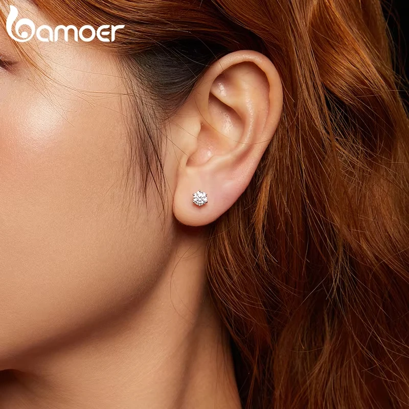 BAMOER White Gold Plated Moissanite Earrings for Women, real 925 Sterling Silver Sparkling Moissanite Studs Huggies Christmas Gift