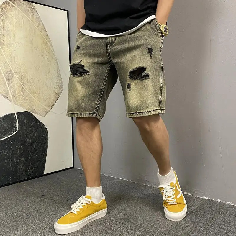Mens Button Zipper Pocket Straight Loose Five-point Casual Wash Retro Yellow Mud Ripped Denim Shorts 250530