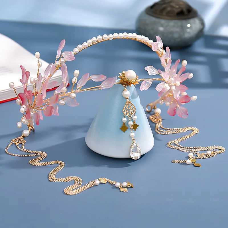 Tassel Fake Earrings Hairband Chinese Hanfu Hair Accessories Pink Floral Tiaras Headband Travel Photography Fairy Hair Jewelry Z250605