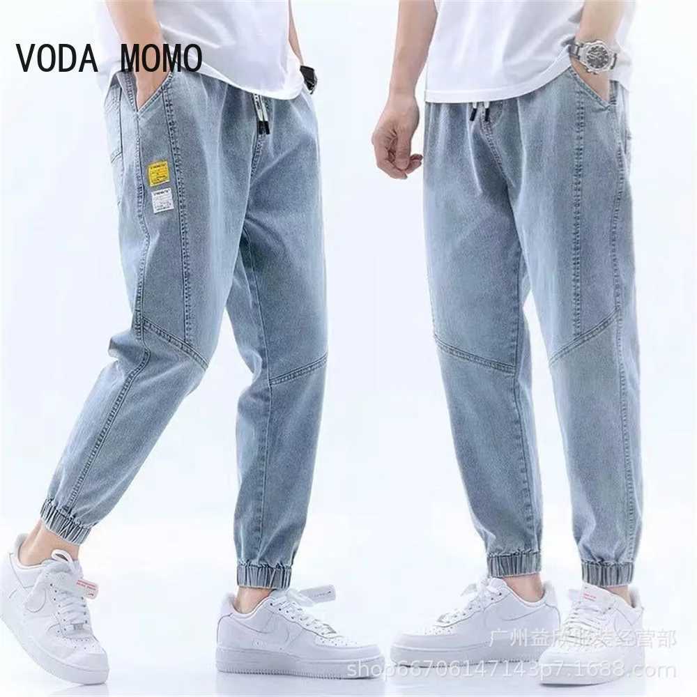 2024 Summer Mens Jeans Jogger Thin Harem Pants Cotton Banded Pant Korea Style Light Blue Hip Hop Beam Feet Casual Trousers Male Z250605