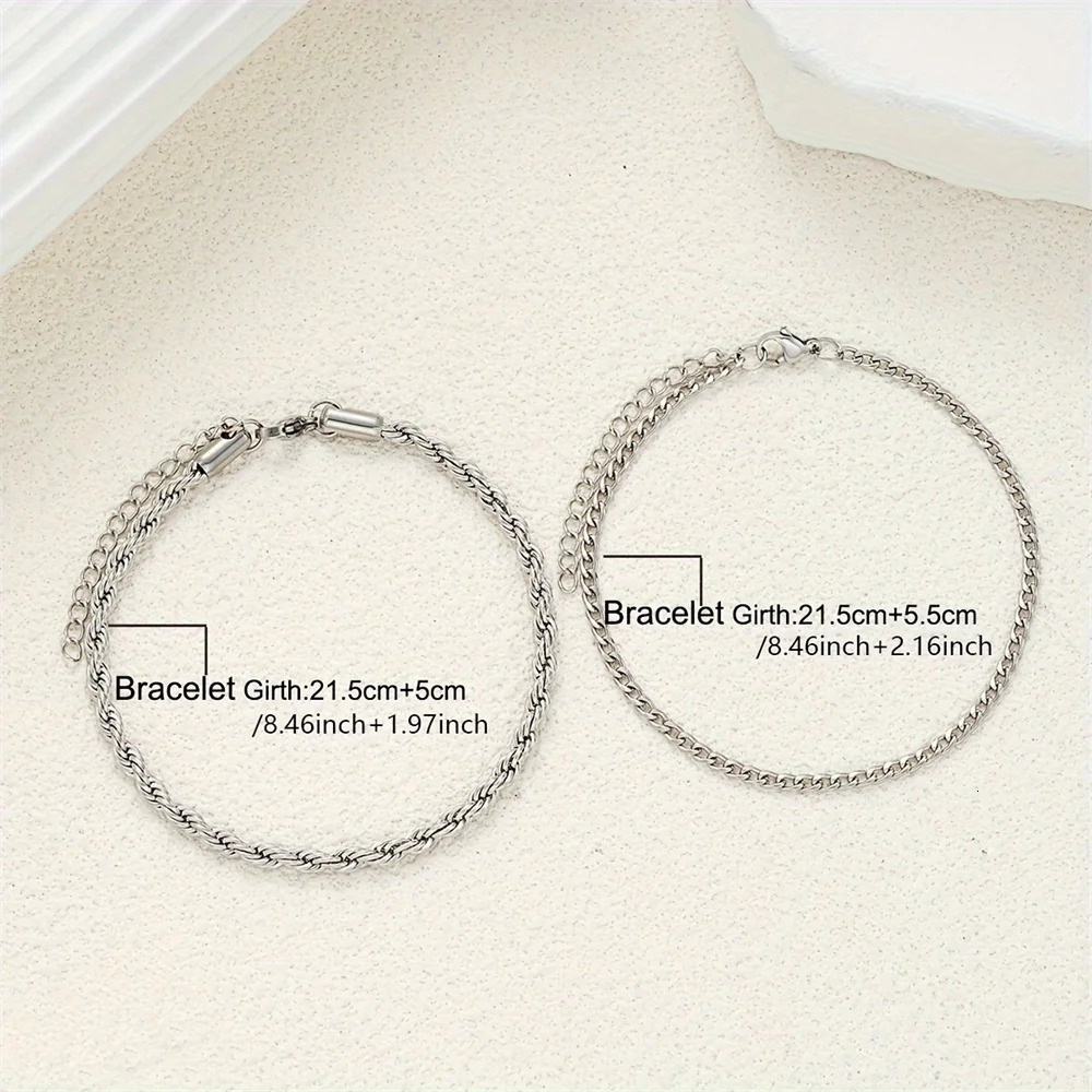 2pcs Stainless Steel Adjustable Silver Color Chain Anklets Set Unisex Daily Wear Beach Twist Metal Anklet Casual Foot Jewelry 250528