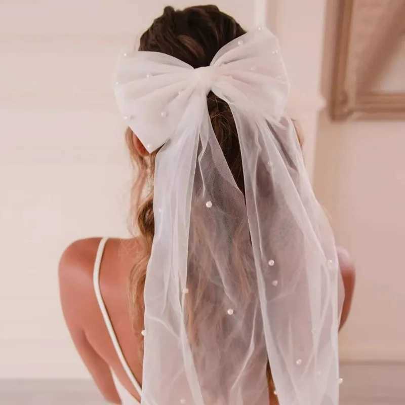 Women Long Ribbon Mesh Bow Hair Clips Elegant Pearls Hairpin for Bride White Mesh Hairpins Wedding Party Bride Hair Accessories Z250605