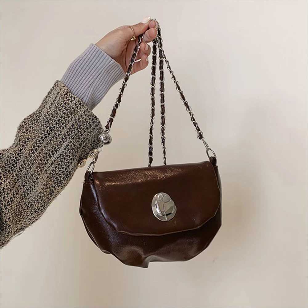 Vintage Women Leather Crossbody Bags Solid Flap Pu Chain Shoulder Bag Female Versatile Commute Messenger Bags Handle Purse M250606