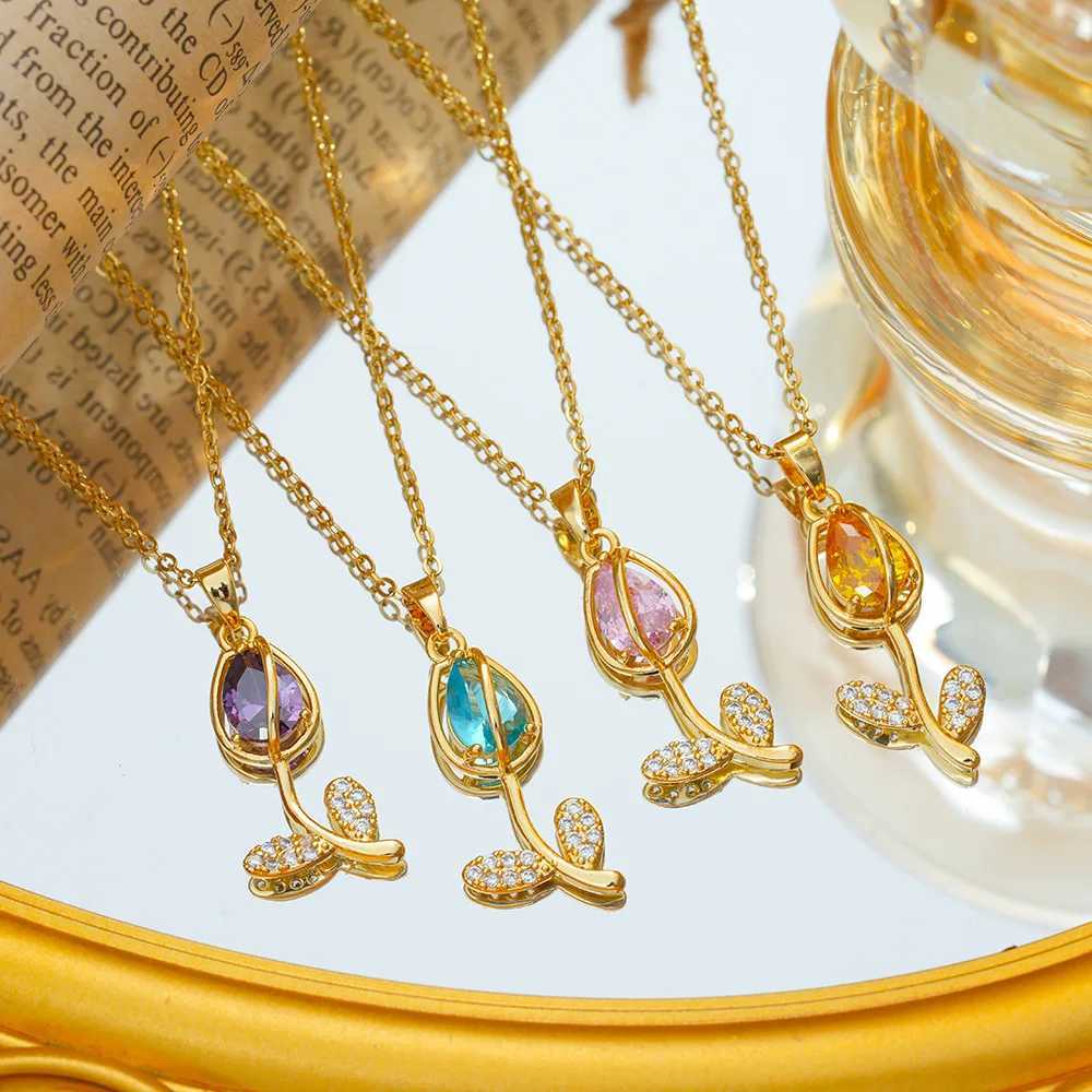 Colorful Zircon Tulip Pendant Necklaces for Women Girls Stainless Steel Chain Trendy Romantic Jewelry Accessories Gifts Y250605
