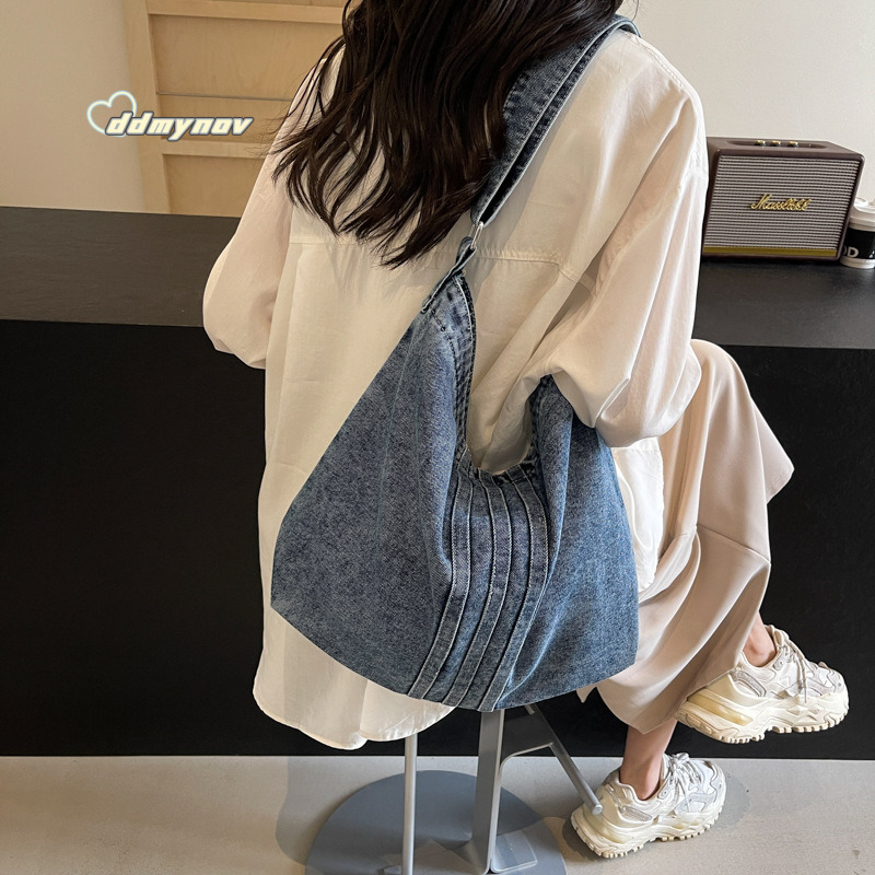 Casual Style Washed Denim for Women 2025 New Literary Canvas Shoulder Large Capacity Tote Bag ddmynov