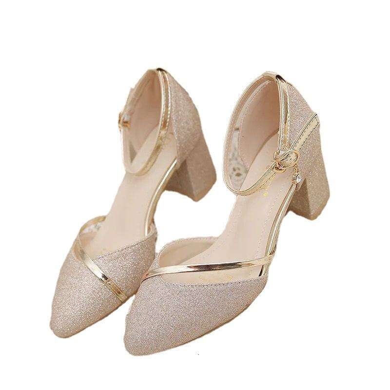 2025 Summer New Women's Pointed Root Root Thick Heel Korean Fashion Sandals with One Button, High Heels, Women's Shoes, Gifts
