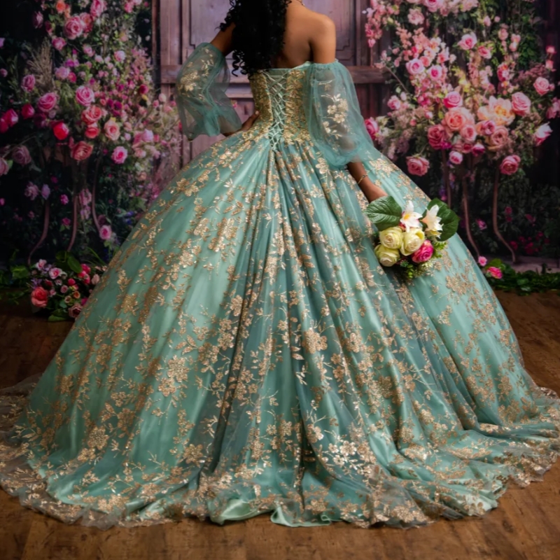 Mint Green Shiny Quinceanera Dresses Ball Gown Off The Shoulder Gold Applique Lace Beads Tull Sweet 16 Dress Vestidos 15 De Anos
