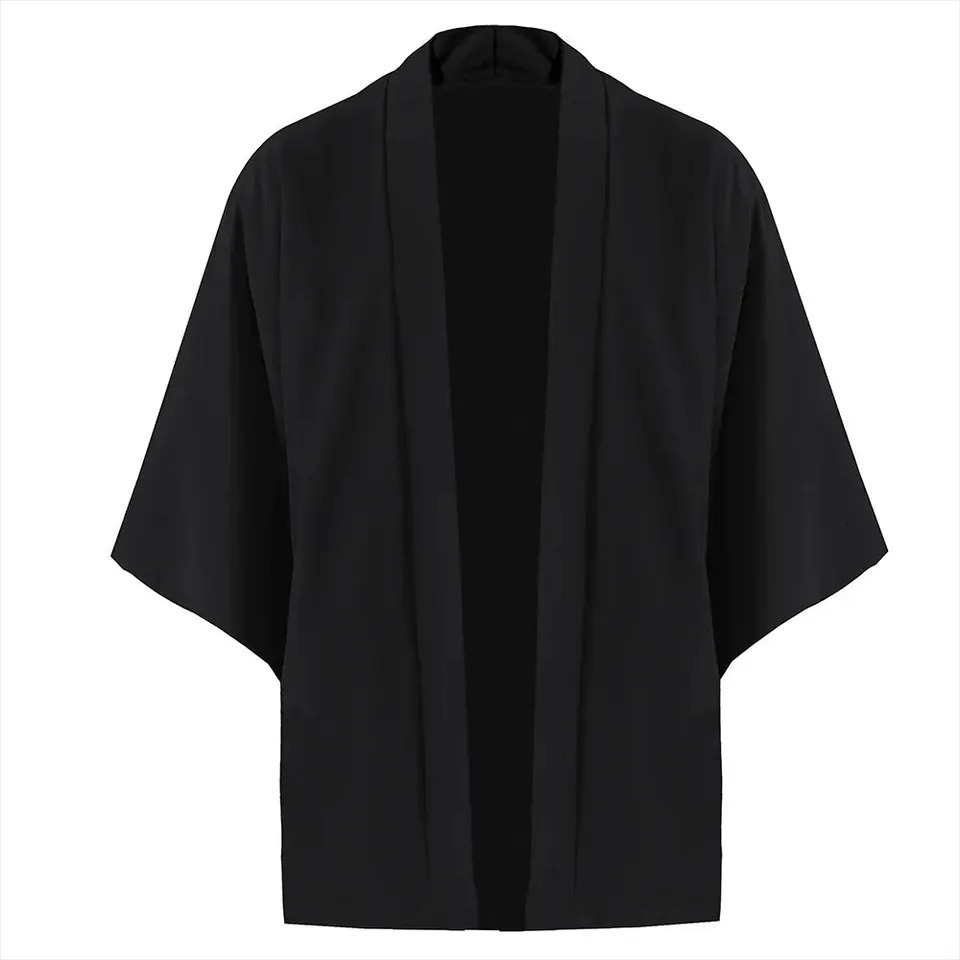 Mens Japanese Kimono Shirts Casual Open Stitch Lightweight Yukata Fashion Black Cardigan 34 Sleeve Outwear for Summer Vacation 250605