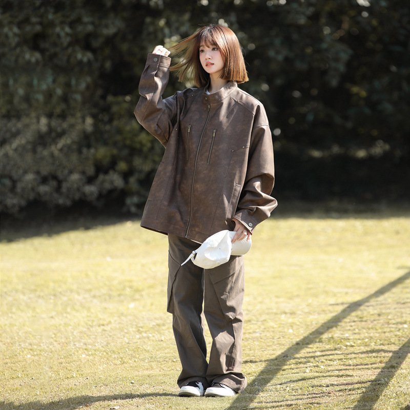 Ddmyoutdoor Couple S Loose PU Leather Jacket Men S Women S Spring Autumn Trendy Brand Handsome And Versatile Casual Jacket Jogging Suit