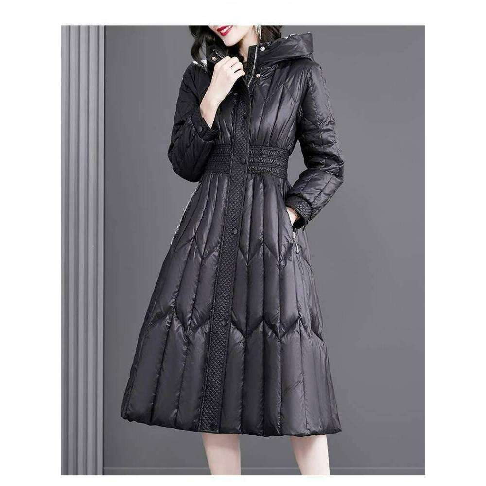 2024 New Women's Winter Slim Fit Waist Long Down Cotton Suit Hooded Style and Fashionable Mid Length Coat Parka