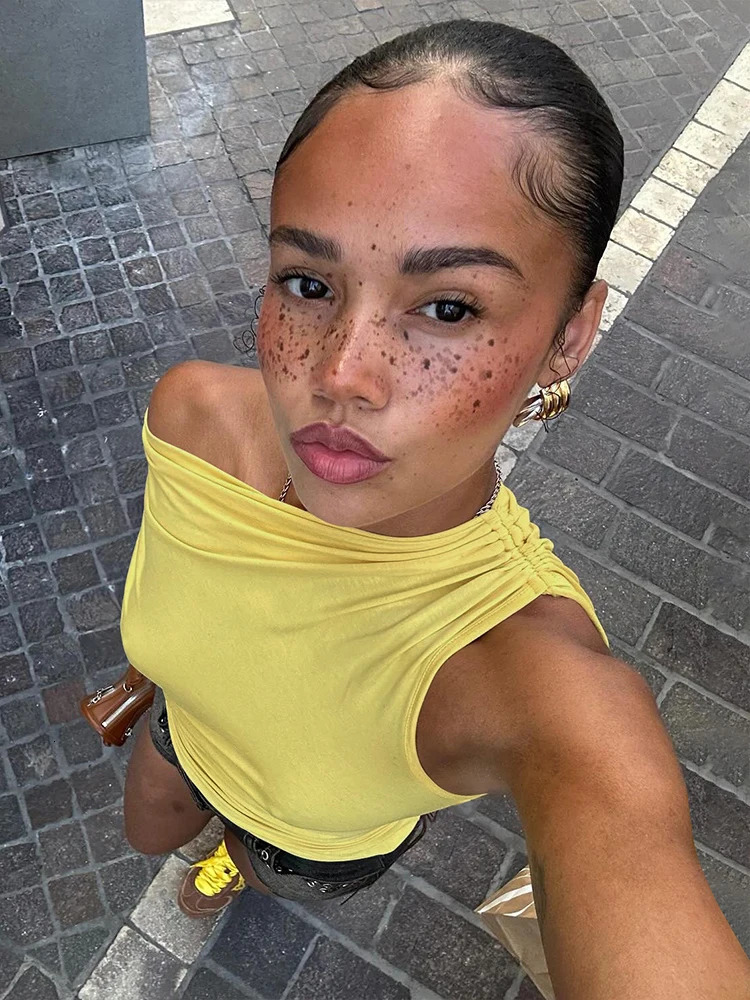 Weird Puss Irregular Women Tank Tops Shirring Shoulder Ruched Summer Chic Fashion Solid tie Simple Basic Streetwear Slim Vest 250605