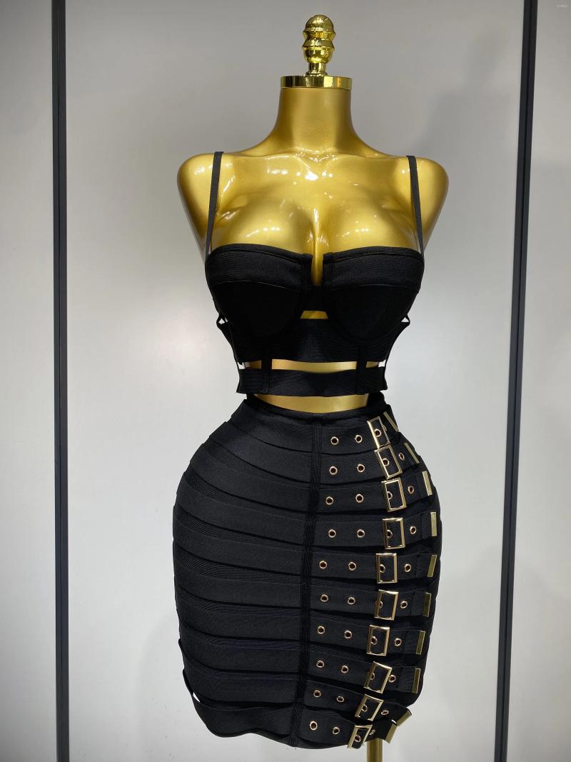 Casual Dresses Women Sexy Black Cut Out Bodycon Bandage Skirt Two Piece Set 2025 Celebrity High Streeet Evening Birthday Club Party Outfits
