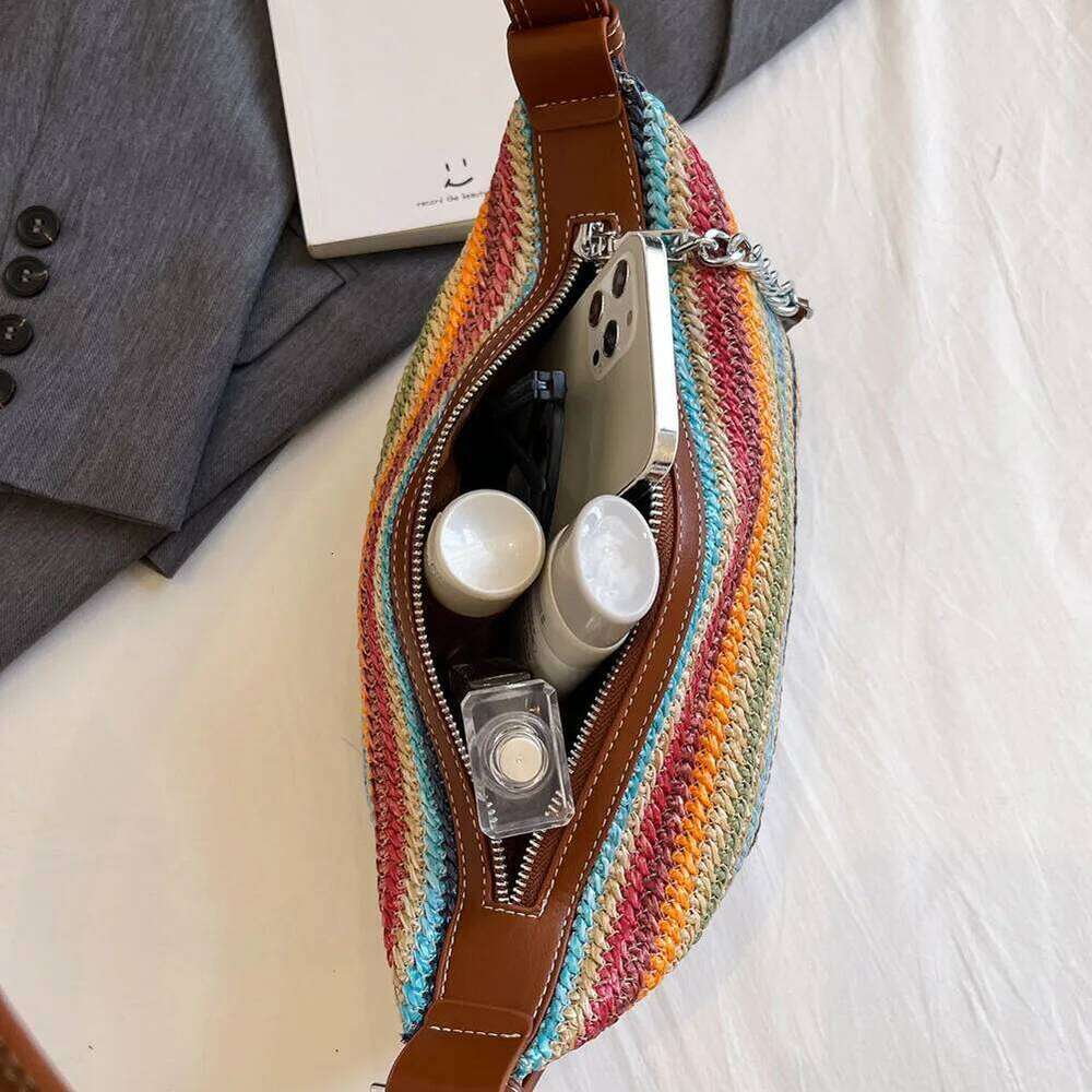 Women Simple Straw Beach Adjustable Strap Crochet Hobo Contrast Color Weaving Satchel Ladies Summer Daily Bag