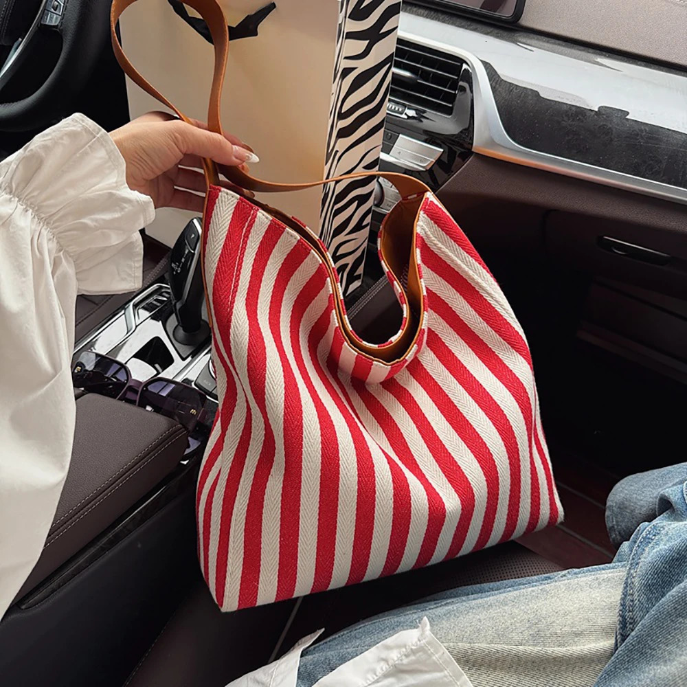 Striped Tote Bag Women Casual Contrast Color Large Capacity Buckle Versatile Shoulder Bags Commute Underarm Packs 250605