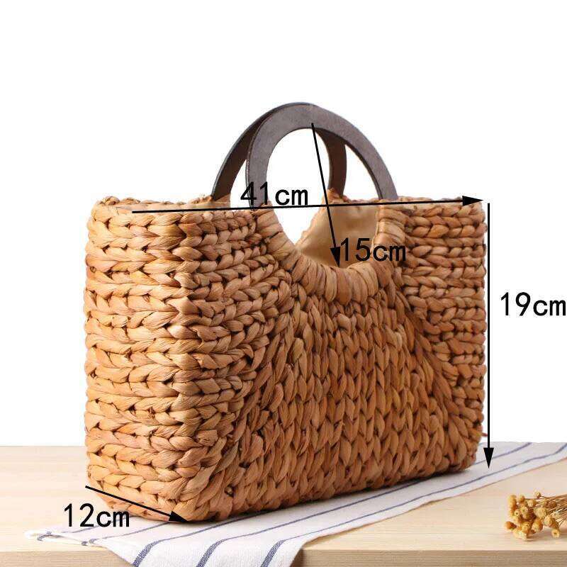 Wooden ring Portable Women straw Korean Foreign of Corn Skin RETRO Art Beach Travel Pictures Props Straw Moon Bag