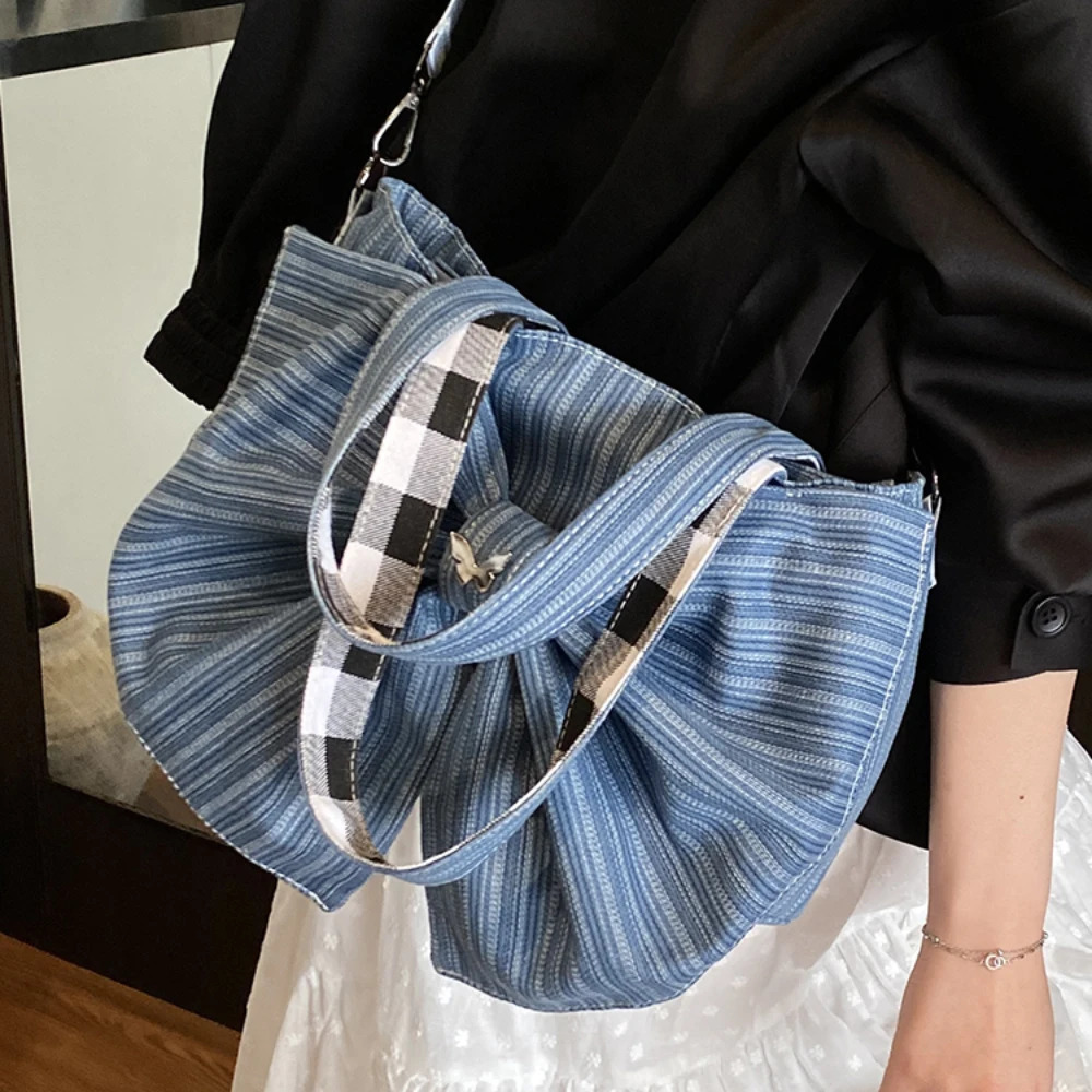 Women Large Capacity Tote Bag Casual All-Match Striped Zipper Bow Underarm Bags Daily Commute Versatile Crossbody Packs 250605