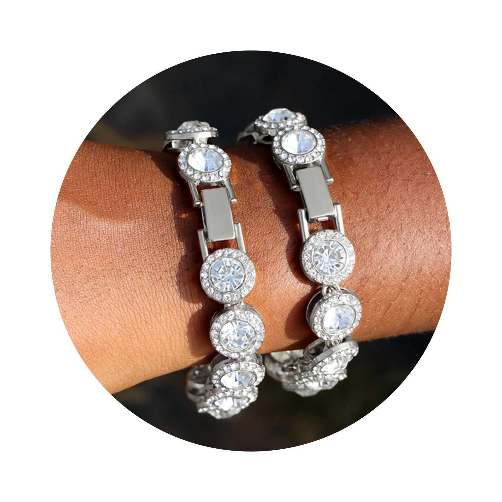 Iced Out Round Crystal Cuban Chain Tennis Bracelet for Women Full Rhinestone Cuban Link Chain Bracelets Wristband Jewelry Gifts W250606