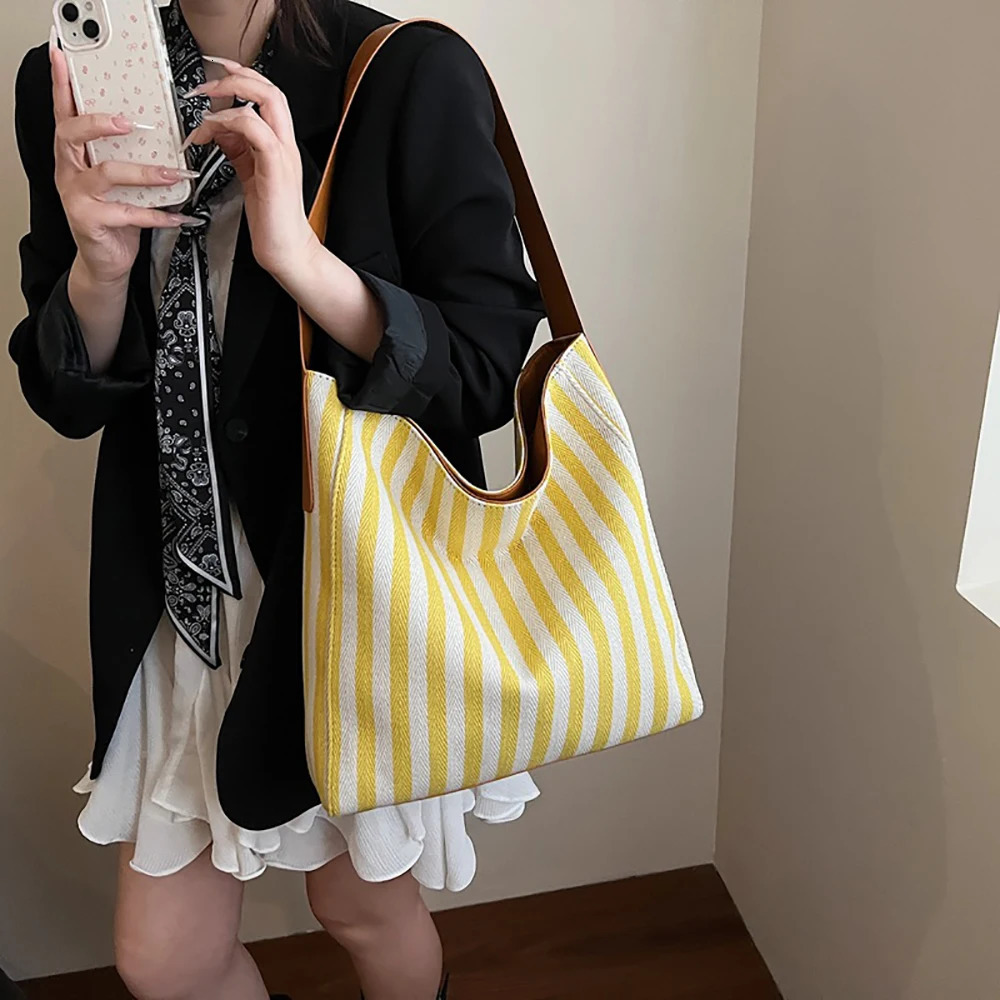 Striped Tote Bag Women Casual Contrast Color Large Capacity Buckle Versatile Shoulder Bags Commute Underarm Packs 250605