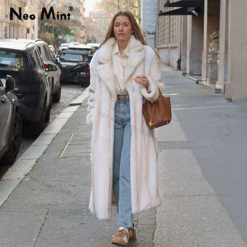 Neo Mint 2024 Winter Quality Long Faux Mink Coat Women High Street Furry Fur Jacket Brand Outerwear Overcoat