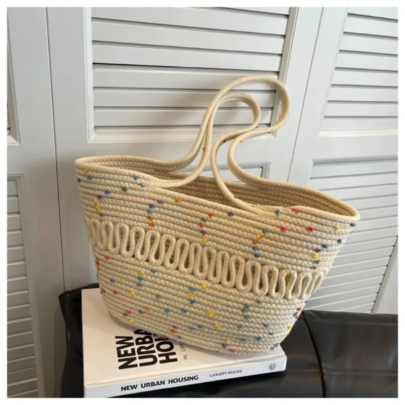 1pc Knitting Fabric Handbag Durable Straw Large Capacity Beach Bag Shoulder WomenCapacity Womens Summer Bags 250605