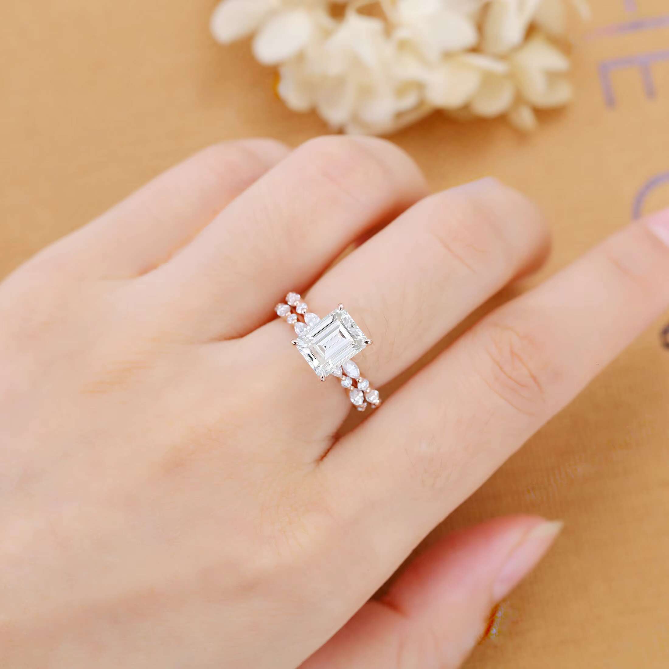 Luxurious Pair of 10/14k Pure Gold Rings Featuring Sparkling Lab Created Emerald Stones Ideal Romantic Gift Idea