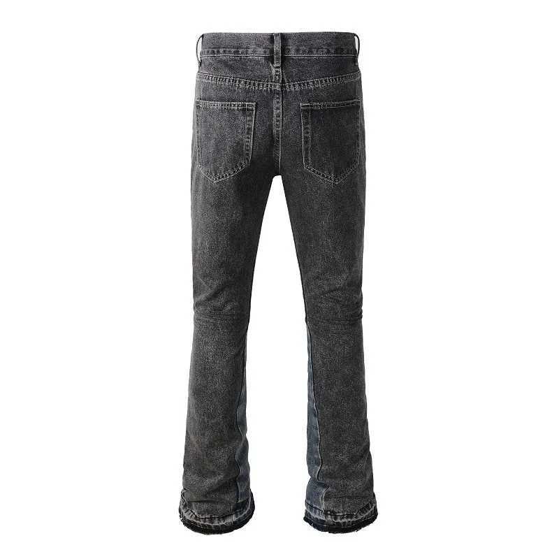 Men Jeans Washed Denim Flare Pants Mid Waist Pockets Patchwork Denims 2024 Autumn Strtwear Vintage Ankle Length TrousersC250606