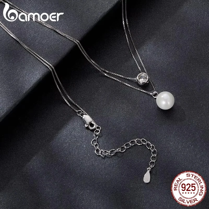 BAMOER Moissanite Pearl Necklaces for Women, Dainty Real 925 Sterling Silver Choker Double Layer Necklace Elegant Jewelry Necklaces