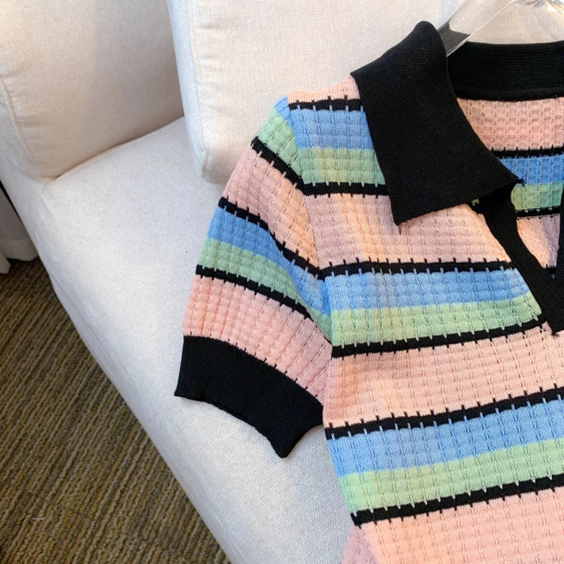 2025 Summer Rainbow Striped TurnDown Collar Lady Thin Sweater Short Sleeve Knitted Pullover Women Fashion Crop Tops Mujer 250530