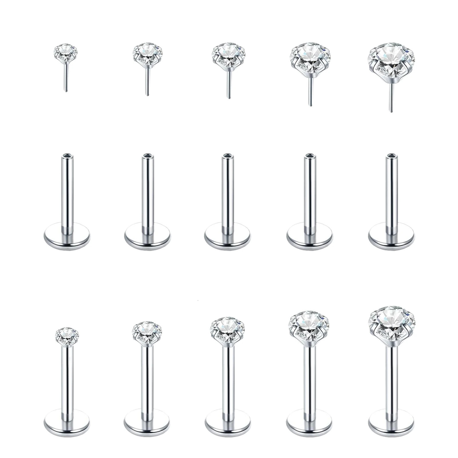 5Pcs Earrings Nose Studs Labret Push in Pin Threadless Flat Back Piercing Jewelry for Ear Nose Lip with 1.5/2/2.5/3/4MM CZ 250605