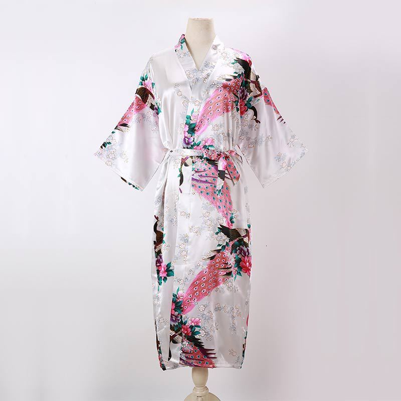 Women Sexy Long Nightgown Summer Kimono Robe Thin Peacock Print Bathrobe Imitation Silk Kimono Nightgown 241204