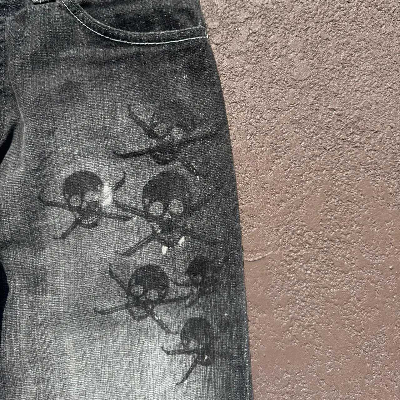 New High Street Trendy Pocket Skull Pattern Loose Jeans Mens European American Gothic Casual Wide Leg Straight Pants Y2K Jeans Z250605