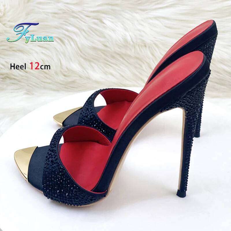 Women Rhinestone Stiletto Slippers Summer Party Shoes 12CM Black Pointed Toe Sandals For Ladies High Heels Mules Size 46