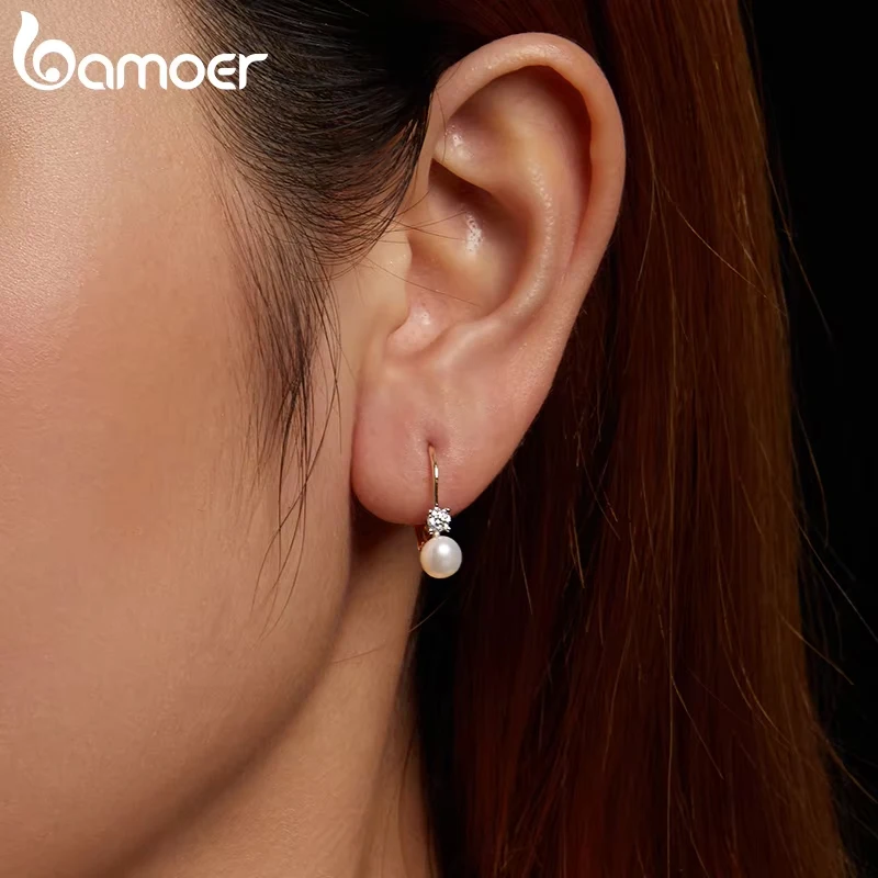 BAMOER Platinum Plated Moissanite Freshwater Pearl Earrings for Women, Round Cut Lab Diamond 925 Silver Hypoallergenic Earrings