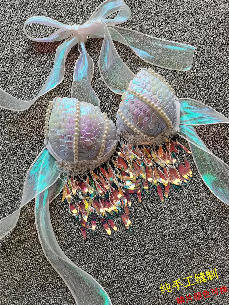 Mermaid Sequins Seashell Bikini Top Bra Oceanarium Bar Table Performance Clothes Electric Festival Fishtail Leather 250530