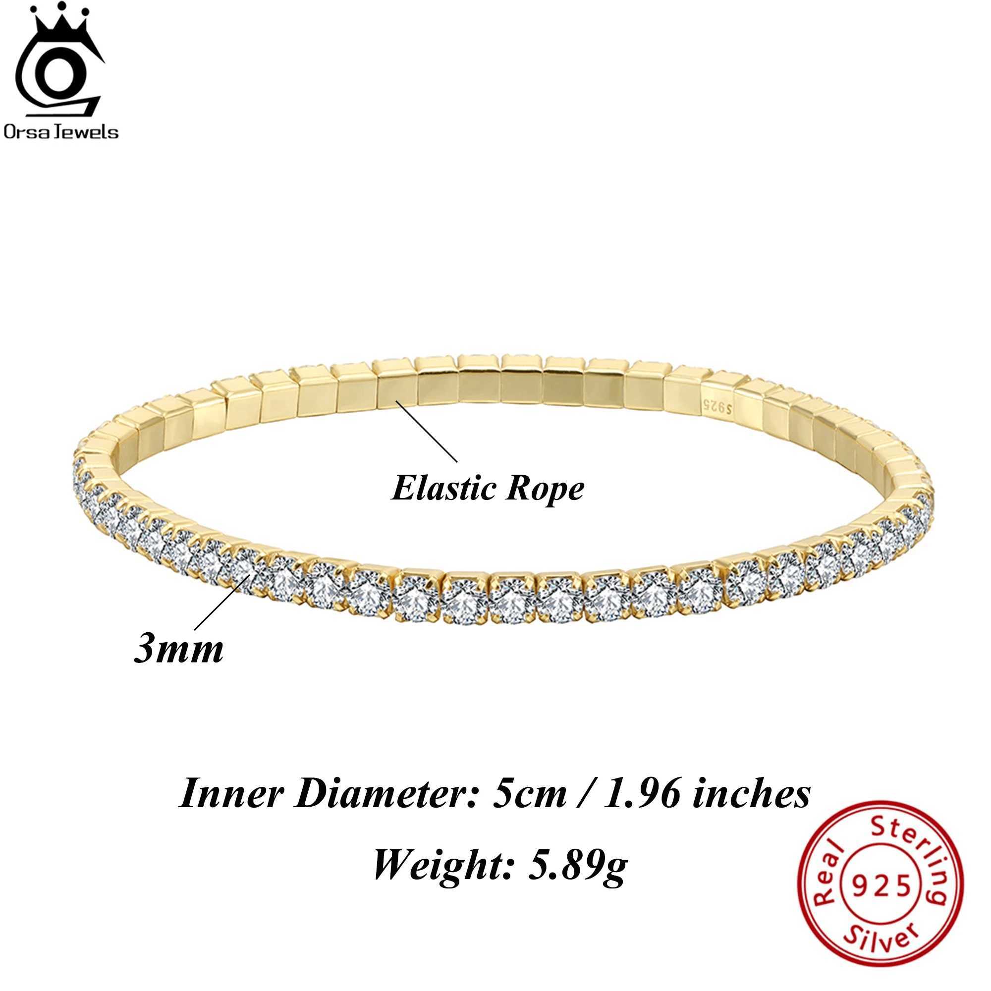 ORSA JEWELS 3mm Sparkling 5A Cubic Zirconia Tennis Chain Bracelet 925 Sterling Silver 14K Gold Plated Elastic Rope Gift SB217 W250606