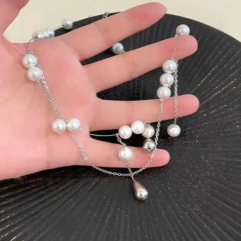 Elegant Water Drop Tassel Pearl Necklace for Women French Exquisite Round Beads Bilayer Choker Y2K Accessories Fashion Jewelry Y250605
