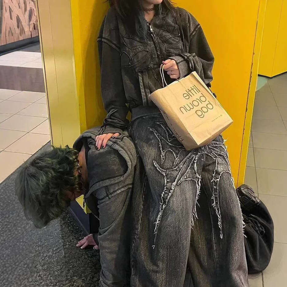 Y2K Dark Punk Embroidered Frayed Patch Wide-Leg Pants Street Loose Long Jeans