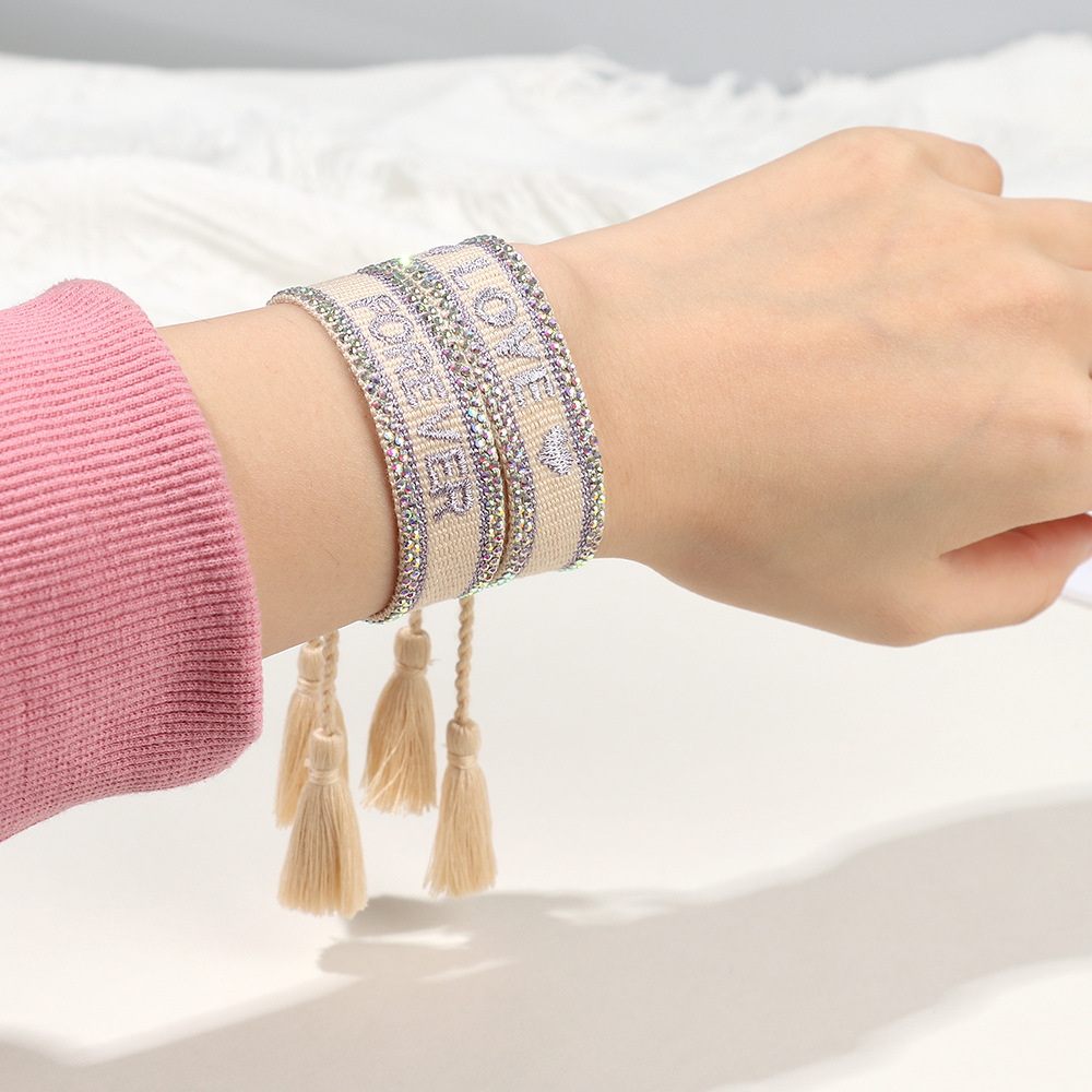 Handmade Rhinestone Braided Bracelet Embroidered Letter Couple Friendship Fringe Wristband Jewelry