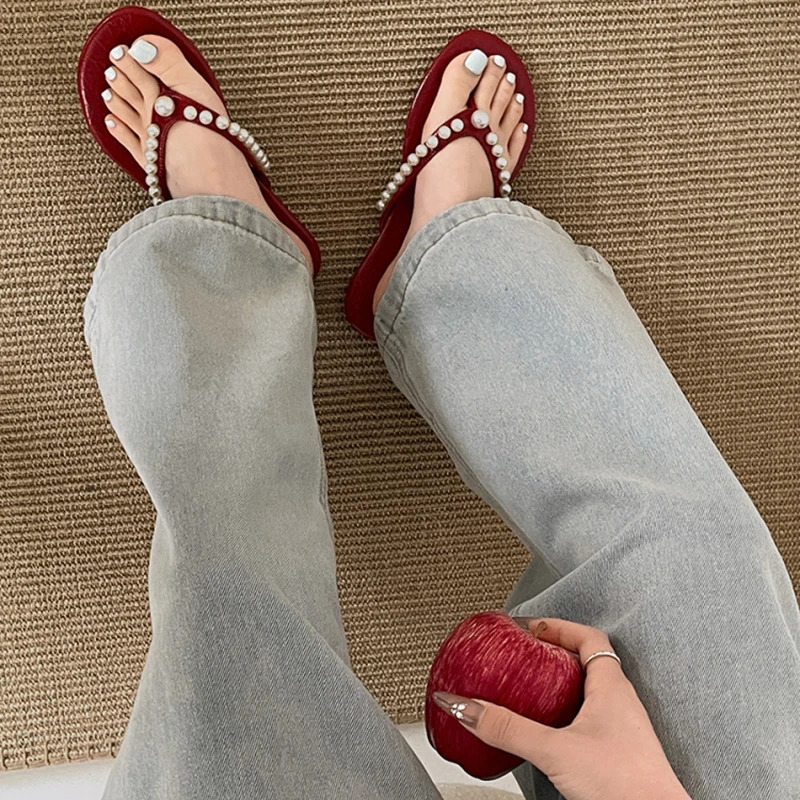 Summer Women Pearl Flip Flop Concise Clip Toe Soft Sole Slide Ladies Comfort Beach Flats Slippers 250603