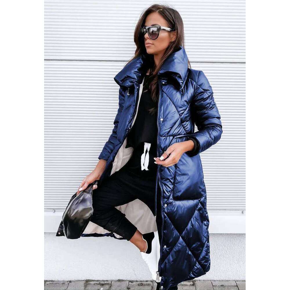 Glossy Women Sleeve Lapel Long Winter Keep Warm Parkas Outwear Zipper Cotton-Padded Coat Jackets