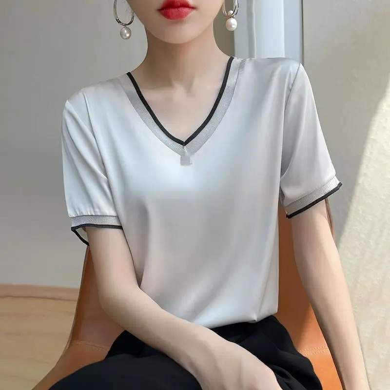 Summer Fashion Silk Temperament V-Neck All-Match Short-Sleeved Pullover Top Large Size Women Style Blouses Shirts 250605
