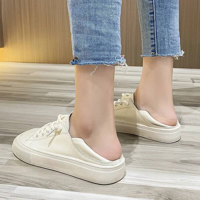 Ddmyoutdoor Genuine Leather White Women S Shoes Ugly Cute Head With Soft Bottom Ladies Design Square Toe Flat Casual Outdoor Shoes