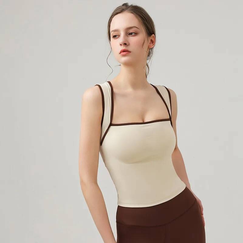 Yoga Shockproof Gym Workout Running Tank Quick-Dry Fiess Vests With Fixed Chest Pads Clashing Color Slim Fit Tops