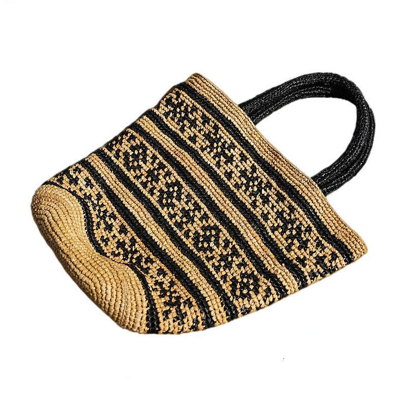 French Style Black Patchwork Handbag Vacation Beach Handmade Raffia Woven Bag for Women Summer Travel