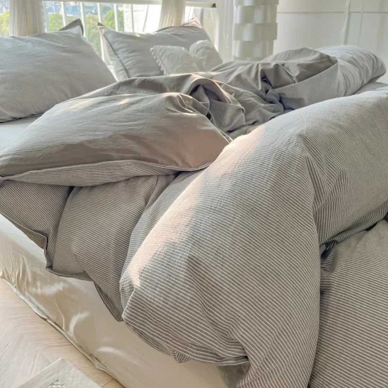100% Washed Cotton Duvet Cover Set Cream 4 Pieces Luxury Soft Bedding Set with Buttons Closure Striped Pattern Duvet Cover T250606