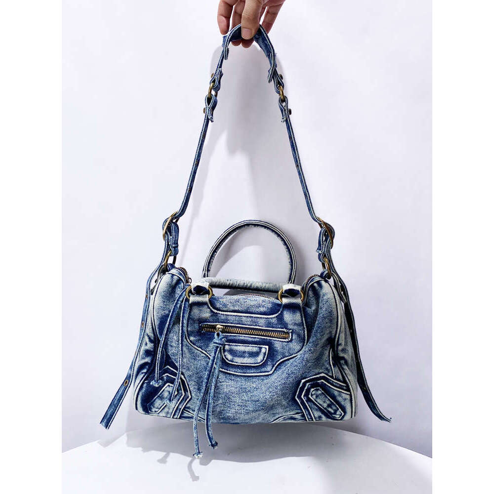 Washed Denim Motorcycle Tote New Rivet Decor Niche Handbag Shoulder Crossbody Bag