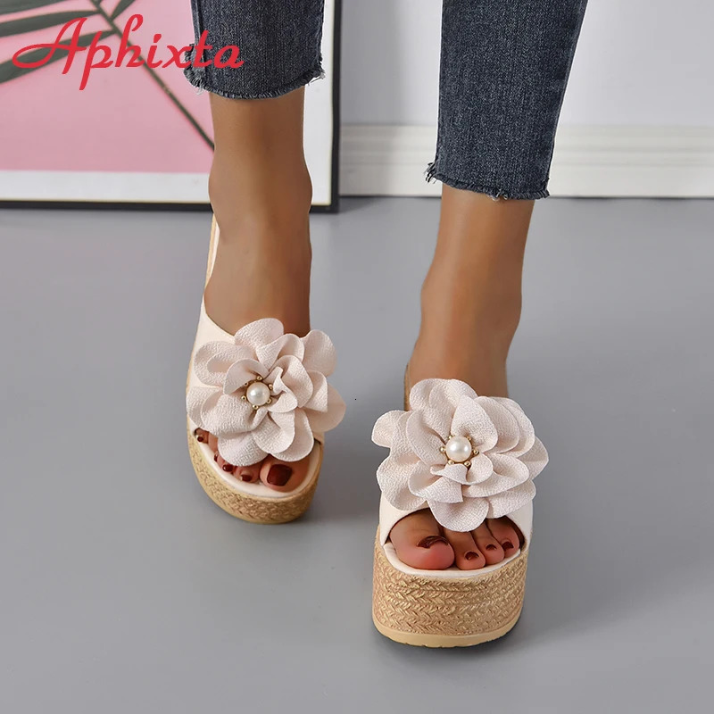Aphixta Summer 9cm Wedge Heels Slippers Women Big Pearl Bead Flowers Cow Suede Bow Mulers 4cm Platform Sandals Clog Shoes Slides 250603